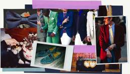 Collage of men in suits and a polaroid of Gucci loafers