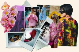 Collage of pictures of people in colourful clothes and Polaroids of pearls, shoes and headbands