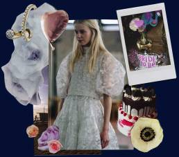Collage of cakes, dresses, flowers and rings